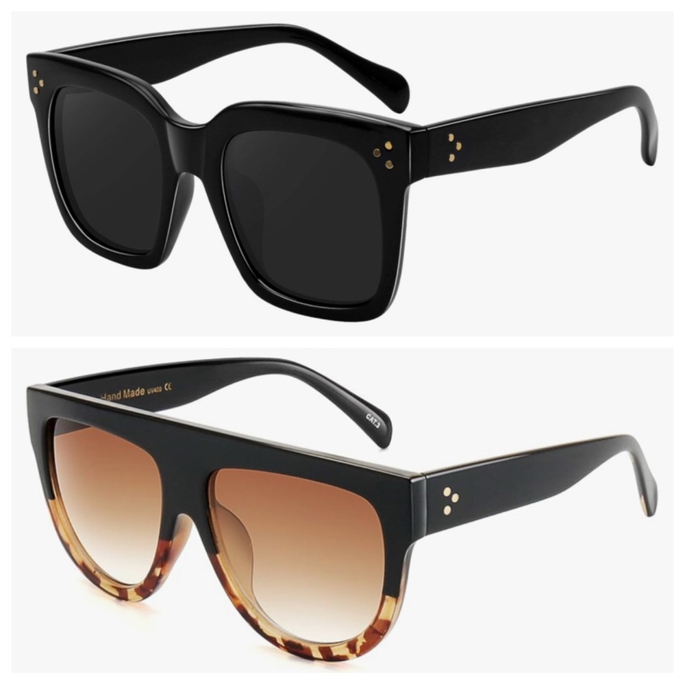 2 Pairs of Women’s Trendy Retro Oversized Square Sunglasses Black & Brown